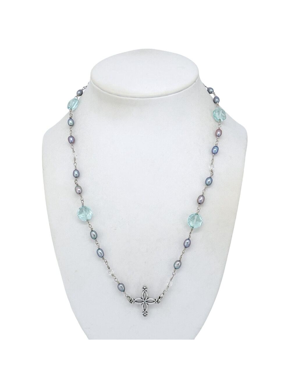 Gray Pearl & Blue Glass Bead Cross Necklace | Vintage Sterling Silver 925 | 19"